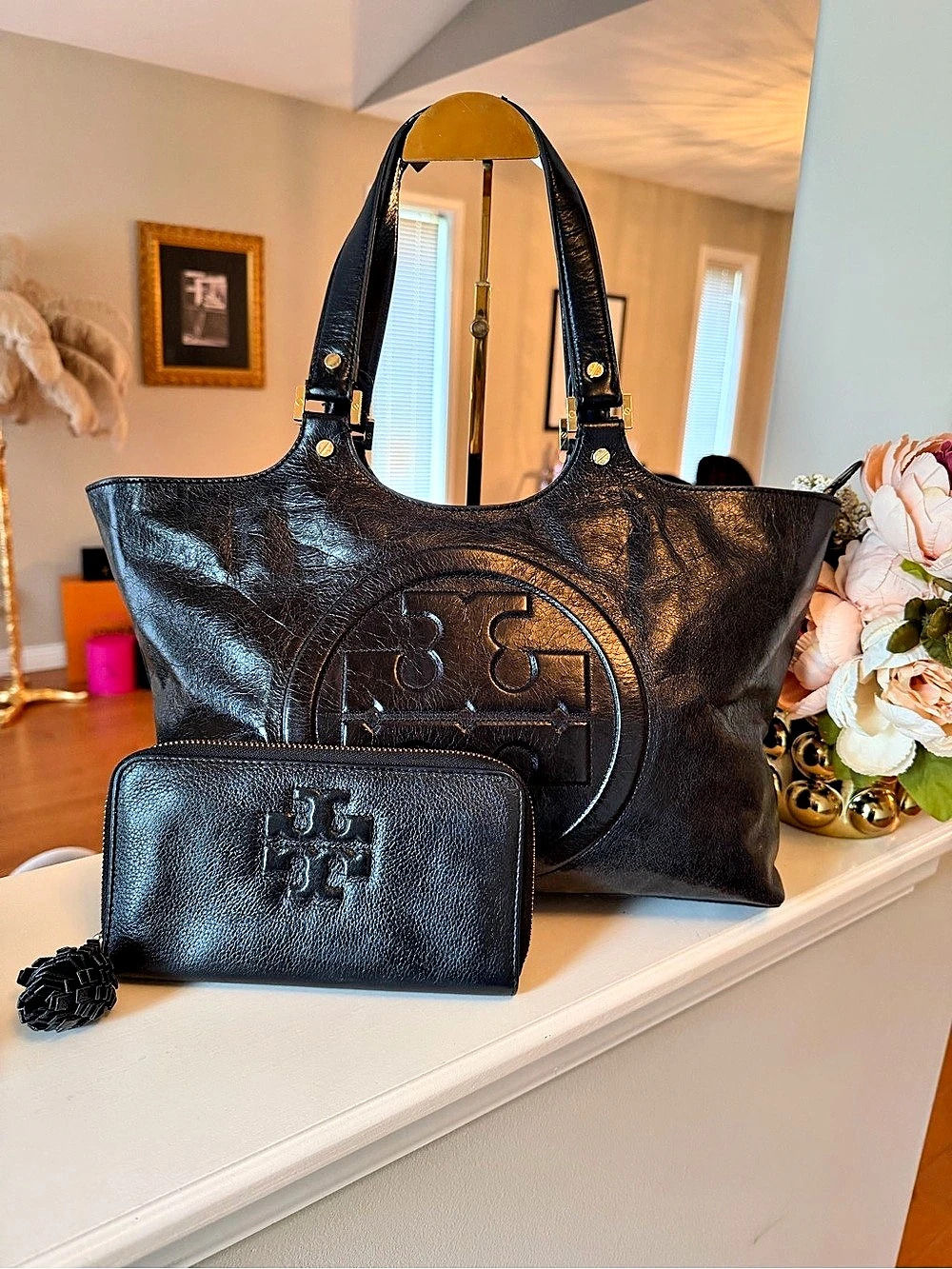 Tory Burch Black Leather Tote with Thea Wallet